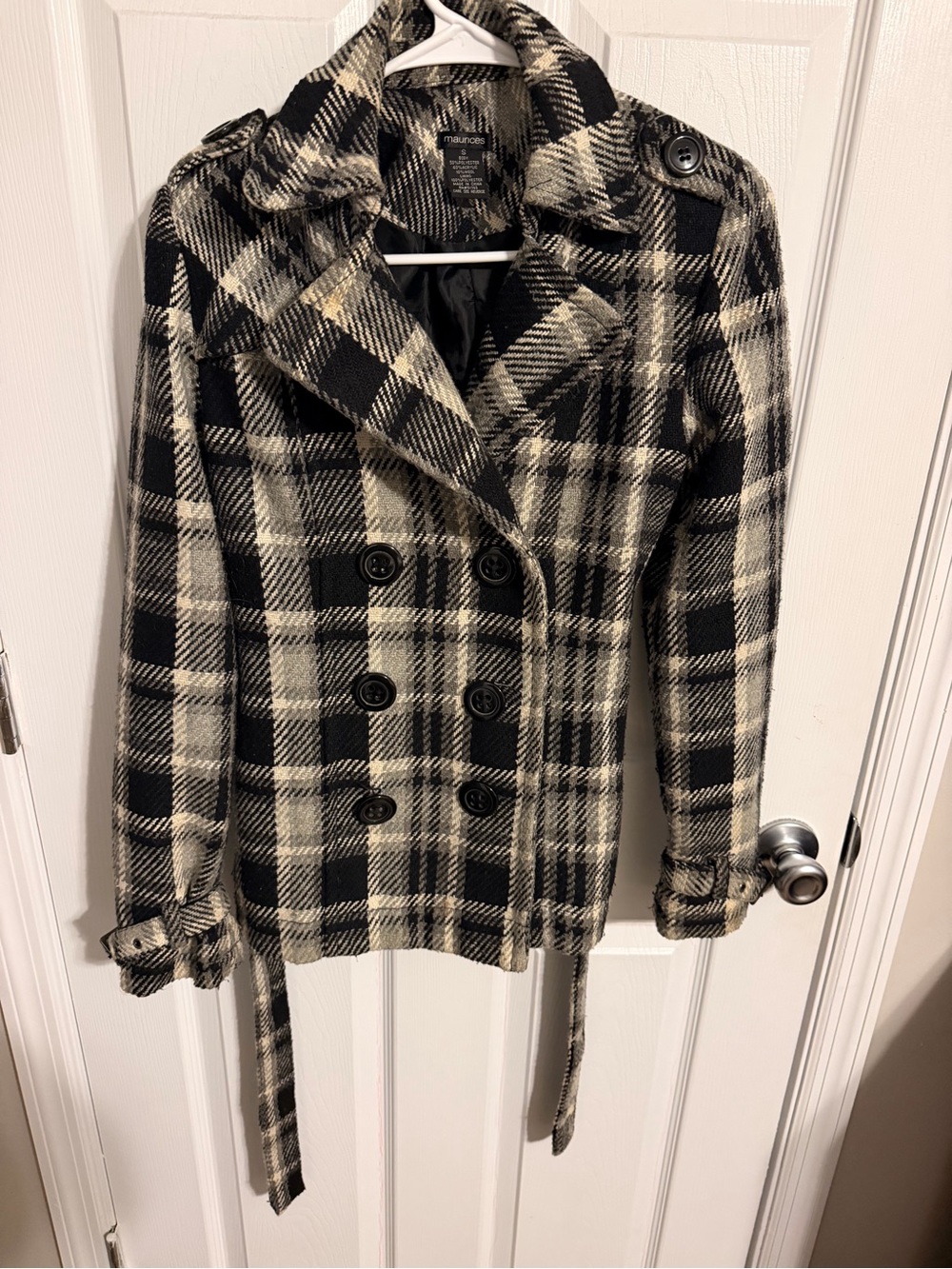 Maurices Black and Cream Plaid Double-Breasted Peacoat